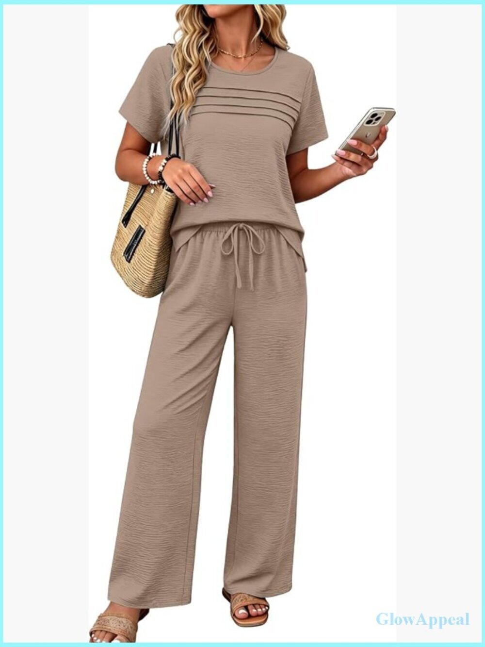 2 Piece Linen Look Loungewear Set Tops & Wide Leg Pants Pockets